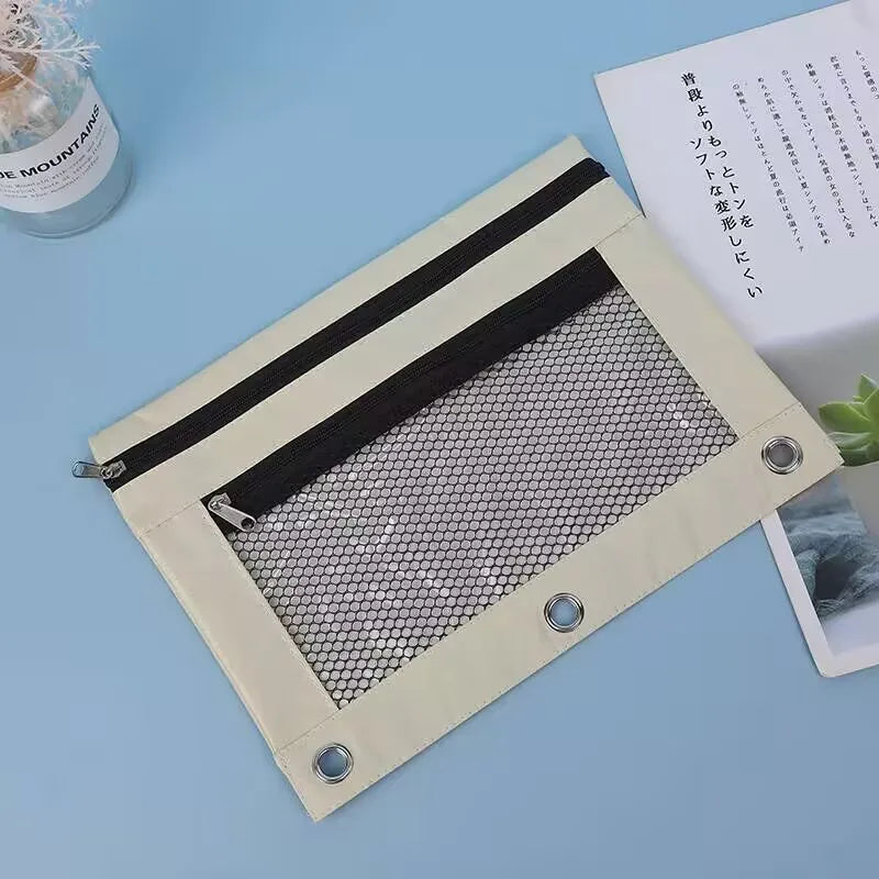 Double Zipper Pen Bag 3 Rings Binders Pencil Case File Bag Pencil Box For Erasers Rulers Markers Storage