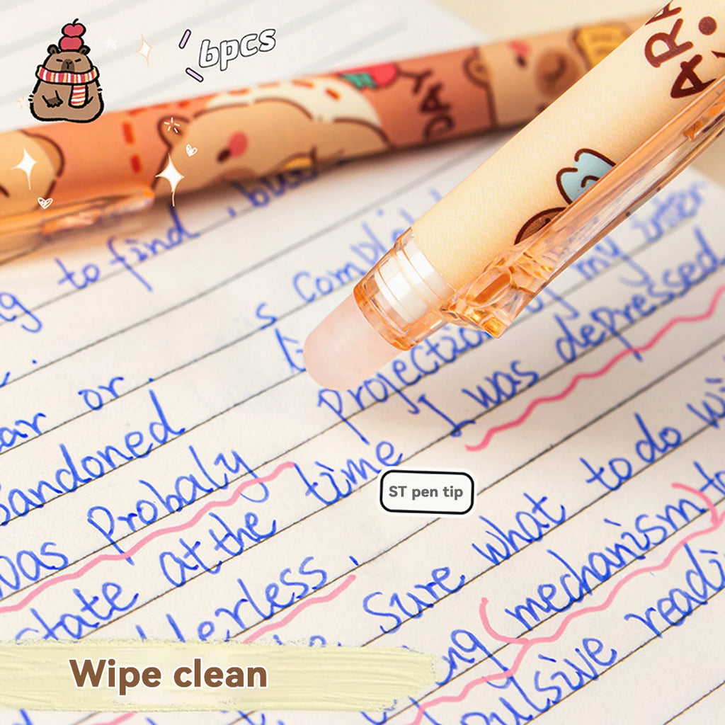 Capybara Erasable Pens 6pcs Refillable Ink Gel Pen Smudge-Free Cute Animal School Supplies for Students Office Stationery Gifts