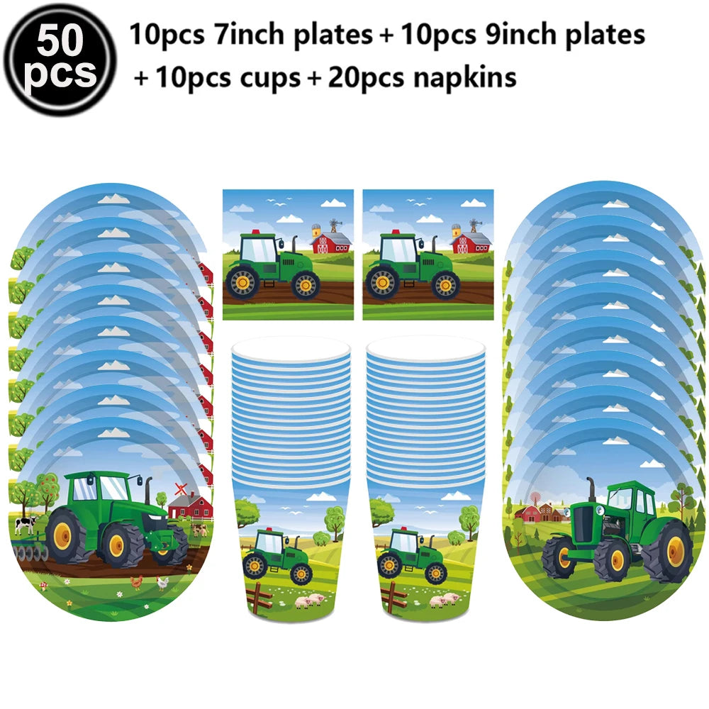  Green Tractor Birthday Party Supplies Farm Tractor Paper Plates Cup Napkins for Tractor Birthday Party Decoration Supplies