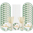 Green Eucalyptus Leaf Disposable Tableware Paper Plate Cup Napkin Banner Kids Adult Happy Birthday Birthday Party Decor Supplies