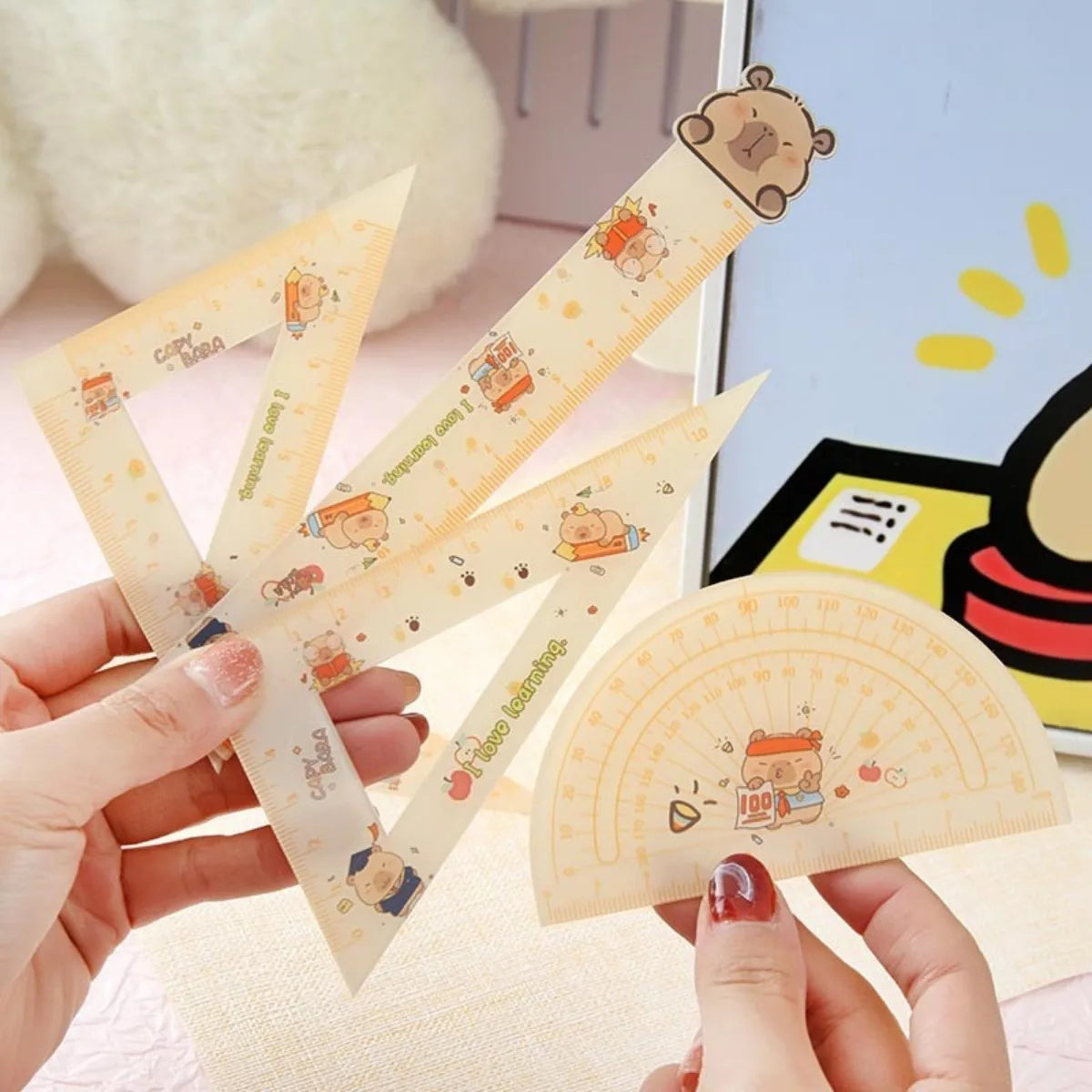 Kawaii Capybara Cartoon Ruler Set | 4 - Piece Acrylic Measuring Tools | Student Stationery