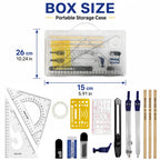 15-Piece Geometry Compass Set with Metal Compasses, Drawing Templates and Clear Rulers for School, Architecture and Woodworking
