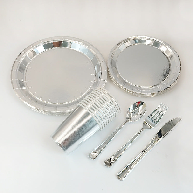 Silver Paper Plates Banner Tablecloth Birthday Party Decor Disposable Tableware Set Baby Shower Wedding Bachelor Party Supplies