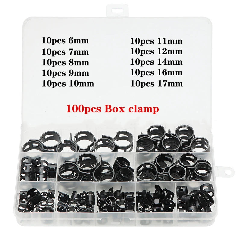 100Pcs/Set 6-17/6-22mm Black Q673B Vacuum Spring Fuel Oil Water Hose Clip Pipe Tube for Band Clamp Metal Fastener Assortment Kit