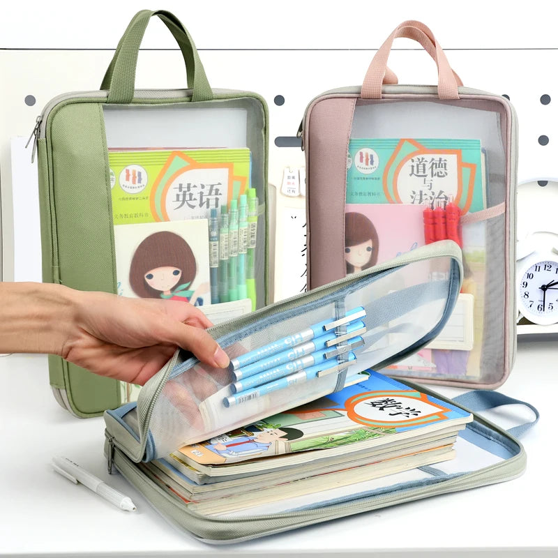 HUAJIE A4 file bag, transparent large-open file bag, zippered large-capacity document storage bag, handbag, student book bag, tutoring bag, exam paper bag, mesh subject classification bag, homework bag, study bag