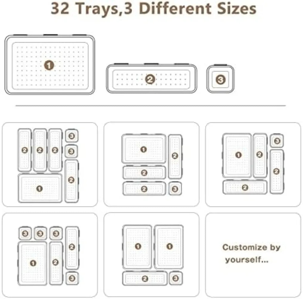 32PCS Desk Drawer Organizers 3 Size Plastic Interlocking Shallow Tool Organizer Tray Dividers Separators Storage Bins Container