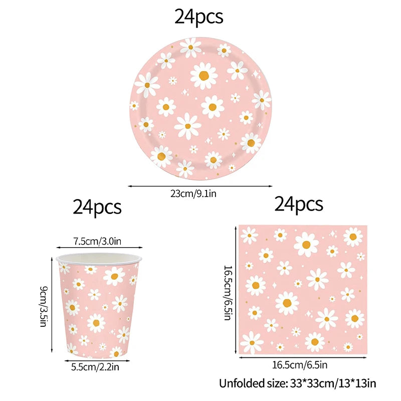 24pcs 7/9inch Pink Daisy Theme Disposable Tableware Flower Plate Napkin Banner Birthday Party Baby Shower Wedding Decor