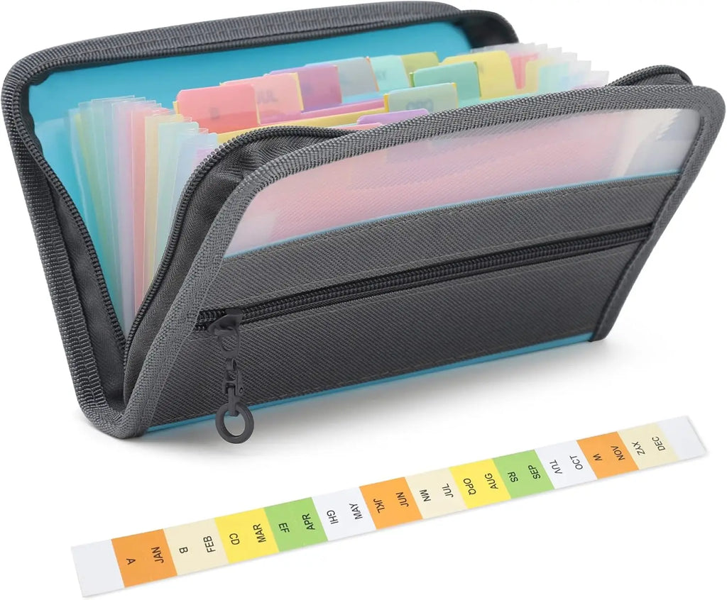 Small Accordion A6 File Organizer with Safe Zipper, 13 Pocket Expanding File Folder with Front Pencil Pouch