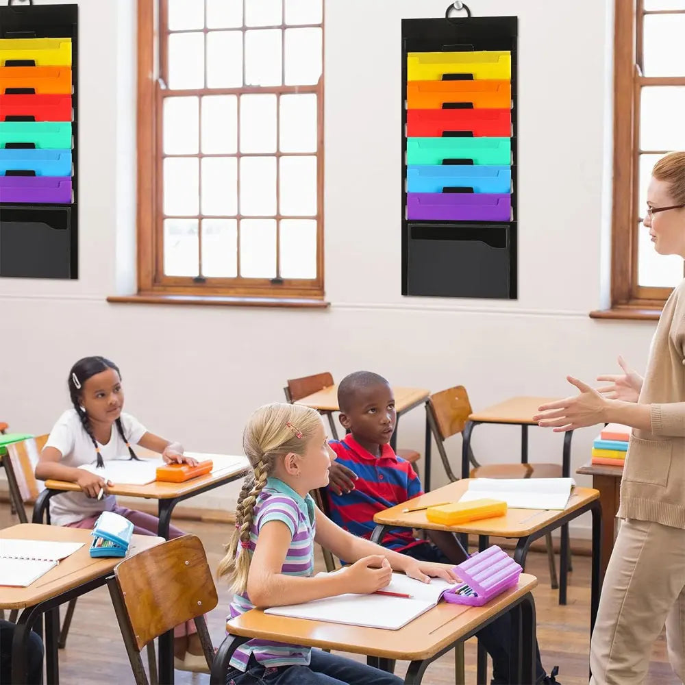 Wall-mounted document organizer, A4 size, with 6 pockets, multi-layered organization, suitable for schools, homes, and offices.
