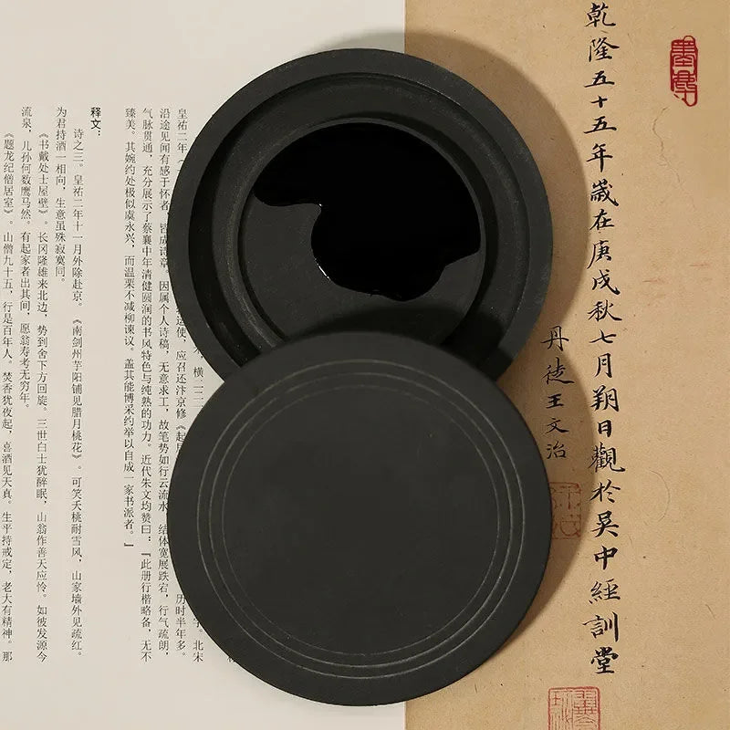 Natural Original Stone Inkstone Table with Cover End Ink Pond Plate Strip Grinding Student Beginners