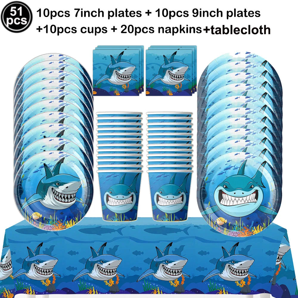 Ocean Shark Theme Disposable Tableware Cute Cartoon Marine Animal Plastic Tablecloth Kids Birthday Party Baby Shower Decor