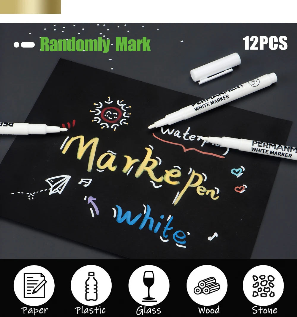 3/6/12 Pcs Waterproof Marker Pen White Black Inks  2mm Tip For Rock Painting Stone Ceramic Glass Wood Tire Fabric Metal Canvas
