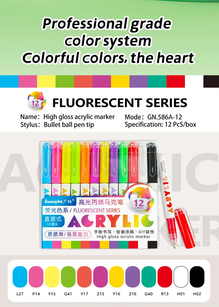GuangNa 168/12 Colors High Gloss Acrylic Marker Pen Set,Hard Headed Drawing Pens,DIY Graffiti Paint Pen Stationery,GN.586