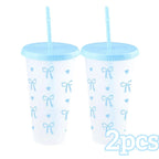 2/20pcs 24oz Reusable Party Cups with Straw & Lid Cute Bow Plastic Tumblers for Cold Drinks Home Office Outdoor Use Summer Gift
