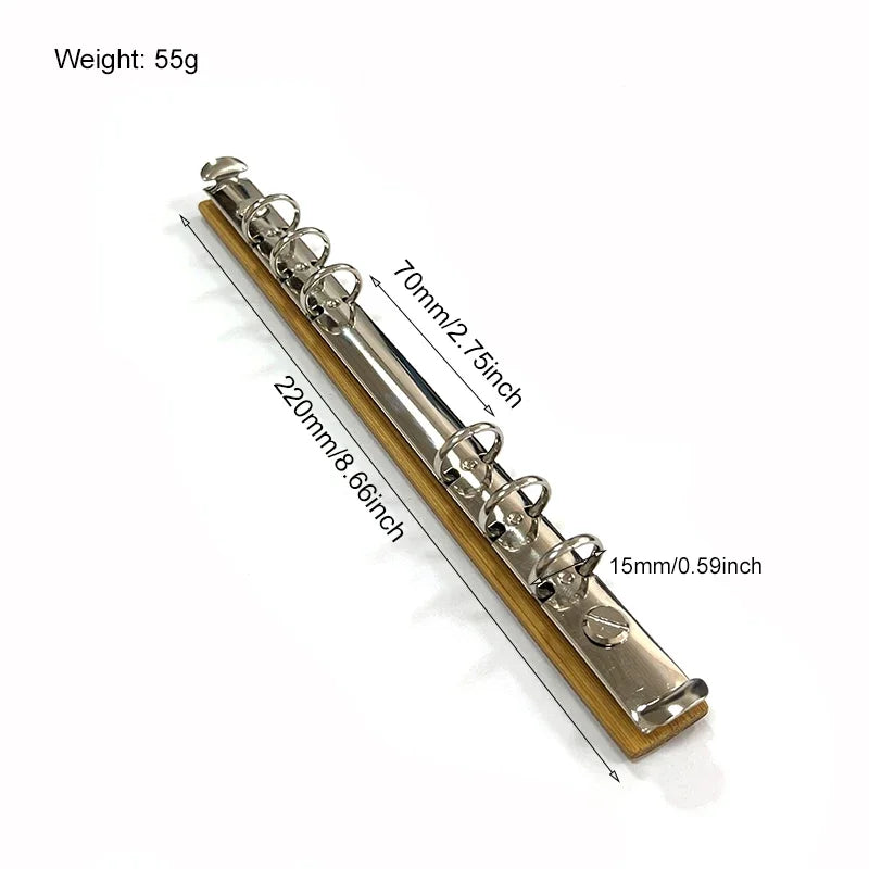 A5 Metal Ring Binder Clips with Bamboo Back Panel 6 Detachable Buckle Loose-leaf Binding Strip for Data Book Album Notebook
