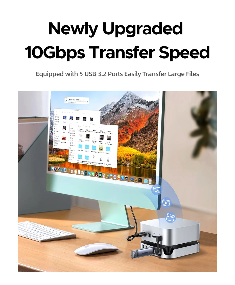 UGREEN USB HUB Docking Station for Mac Mini M4 M4 Pro M.2 NVMe SSD 8TB Max 10Gbps USB-A&C Ports SD&TF 170MB/s USB Splitter Dock