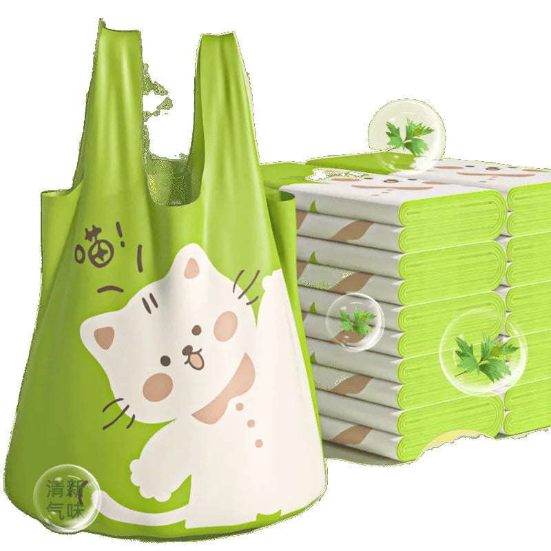 10/60pcs Cute Cat-printed Green Portable Thickened Garbage Bags Household Disposable Trash Bags Bathroom Kitchen Accessories