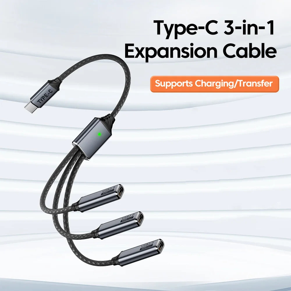 NNBILI 3 in 1 USB A/Type C Splitter HUB Expansion Cable Multi Port Expander Phone Charger  Adapter OTG Charging For Phone Table