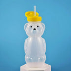 Cute Bear Shaped Bottle Plastic Drink Container Cartoon Honey Bear Straw Cup with Flexible Straws for Milk Juice Honey Storage