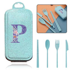 4Pcs Wheat Straw Cutlery Knife Spoon Fork Chopsticks Portable Set Plastic Detachable Dinnerware Purple Flower Letter Pattern