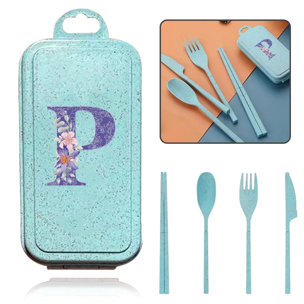 4Pcs Wheat Straw Cutlery Knife Spoon Fork Chopsticks Portable Set Plastic Detachable Dinnerware Purple Flower Letter Pattern