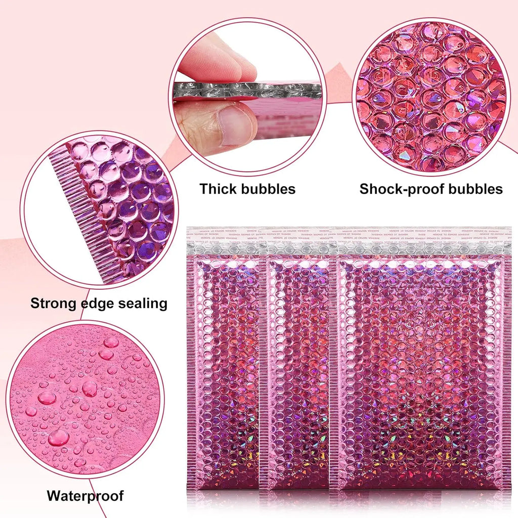 Holographic Pink Bubble Mailers Self Seal Padded Envelopes Waterproof Shipping Bags for Small Business