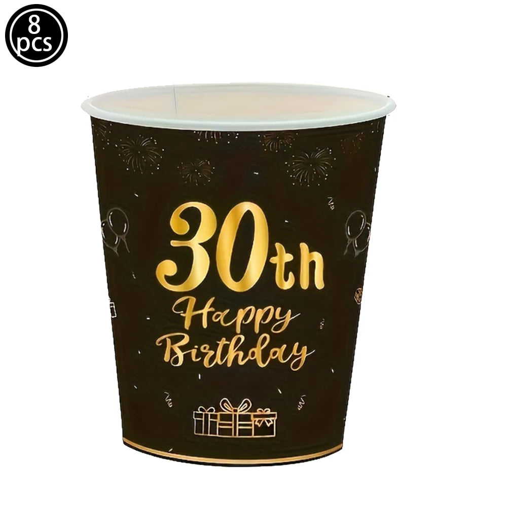Happy Birthday 30 Year Old Disposable Tableware Black Gold Plate Tablecloth Banner For 30th Birthday Party Decorations  Supplies