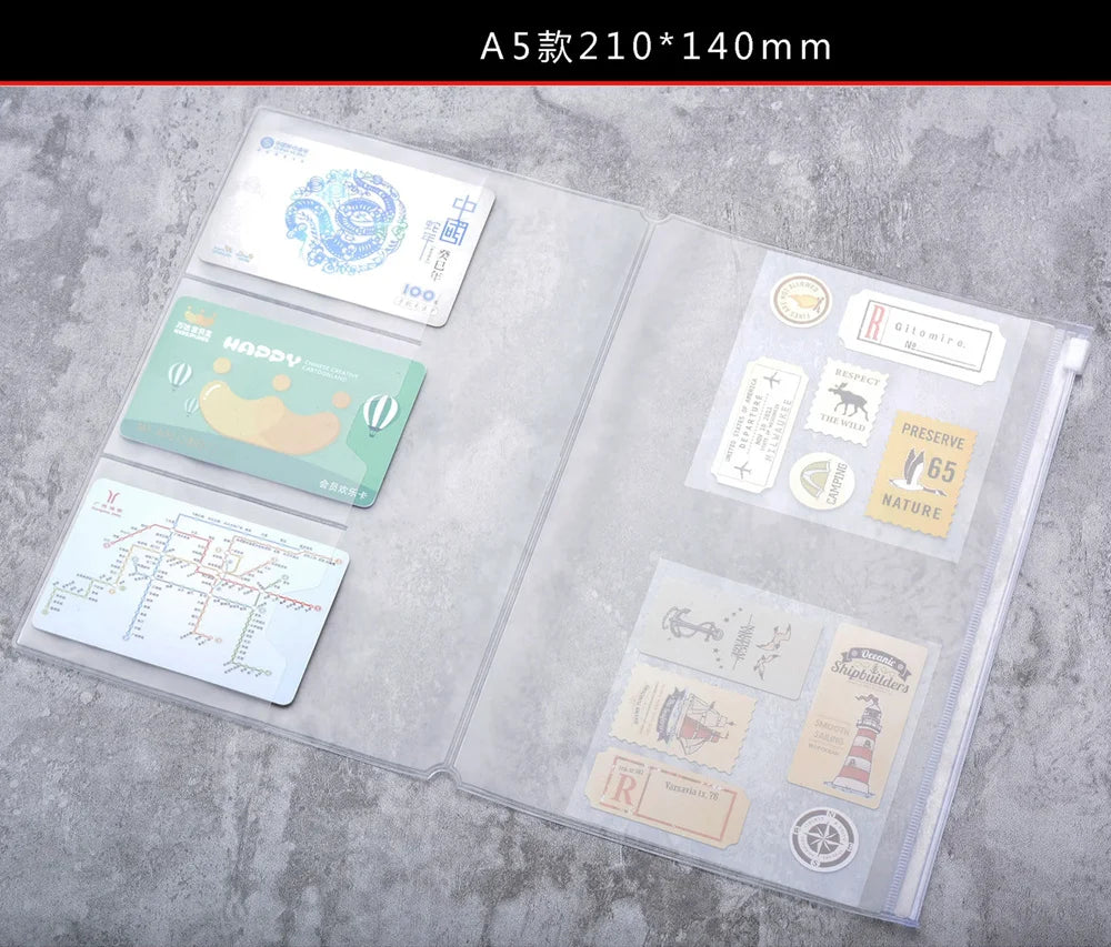 Traveler's Notebook PVC Storage Bag Pouch with Zipper Card Pocket Portable A5/Standard Size Passport Folder - 4 Sizes Available