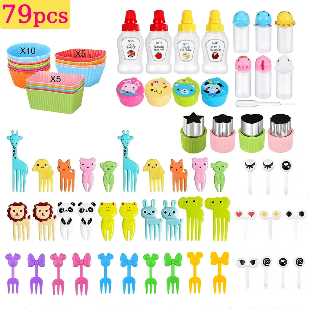 Kids Lunch Bento Box Accessories with Silicone Cupcake Liners for Baking and Small Animal Food Toothpicks Fruit Forks