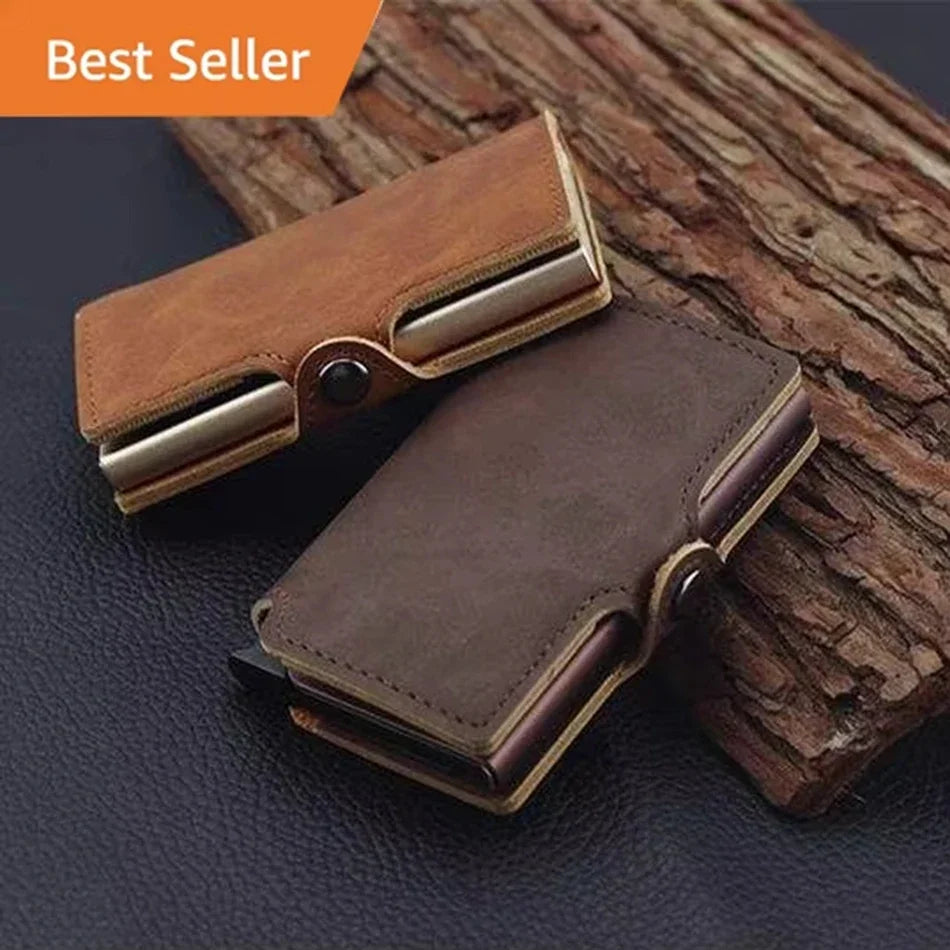 Rfid Credit Card Holder Luxury Split Leather Wallet Men Metal Slim Thin  Minimalist Wallet Bank Cardholder Case Travel Wallet
