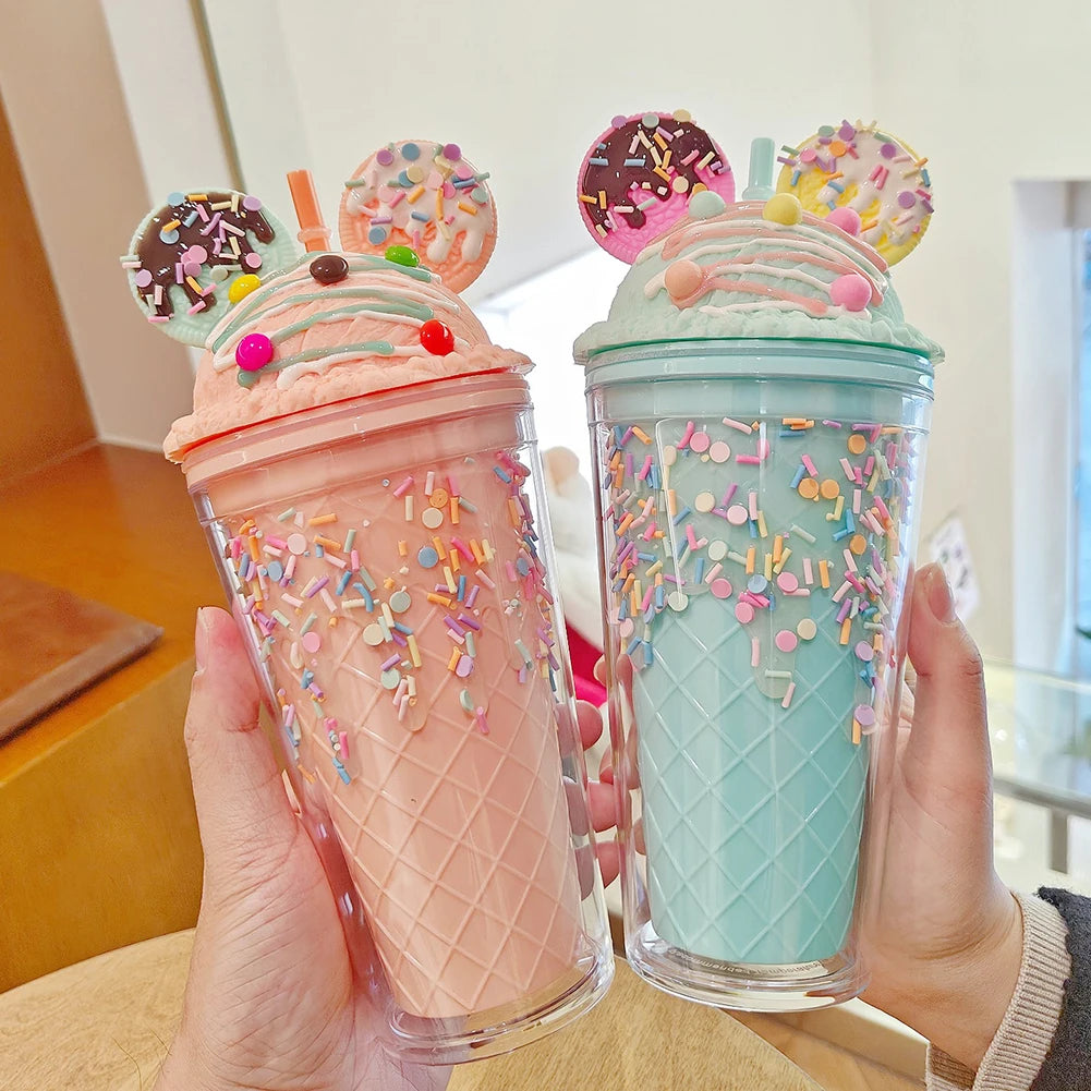 450ml Fashion Cartoon Ice Cream Straw Cup Adorable Plastic Bear Drinking Cup With Lid Milk Tea Cup For Women Girls Outdoor Home