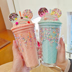 450ml Fashion Cartoon Ice Cream Straw Cup Adorable Plastic Bear Drinking Cup With Lid Milk Tea Cup For Women Girls Outdoor Home