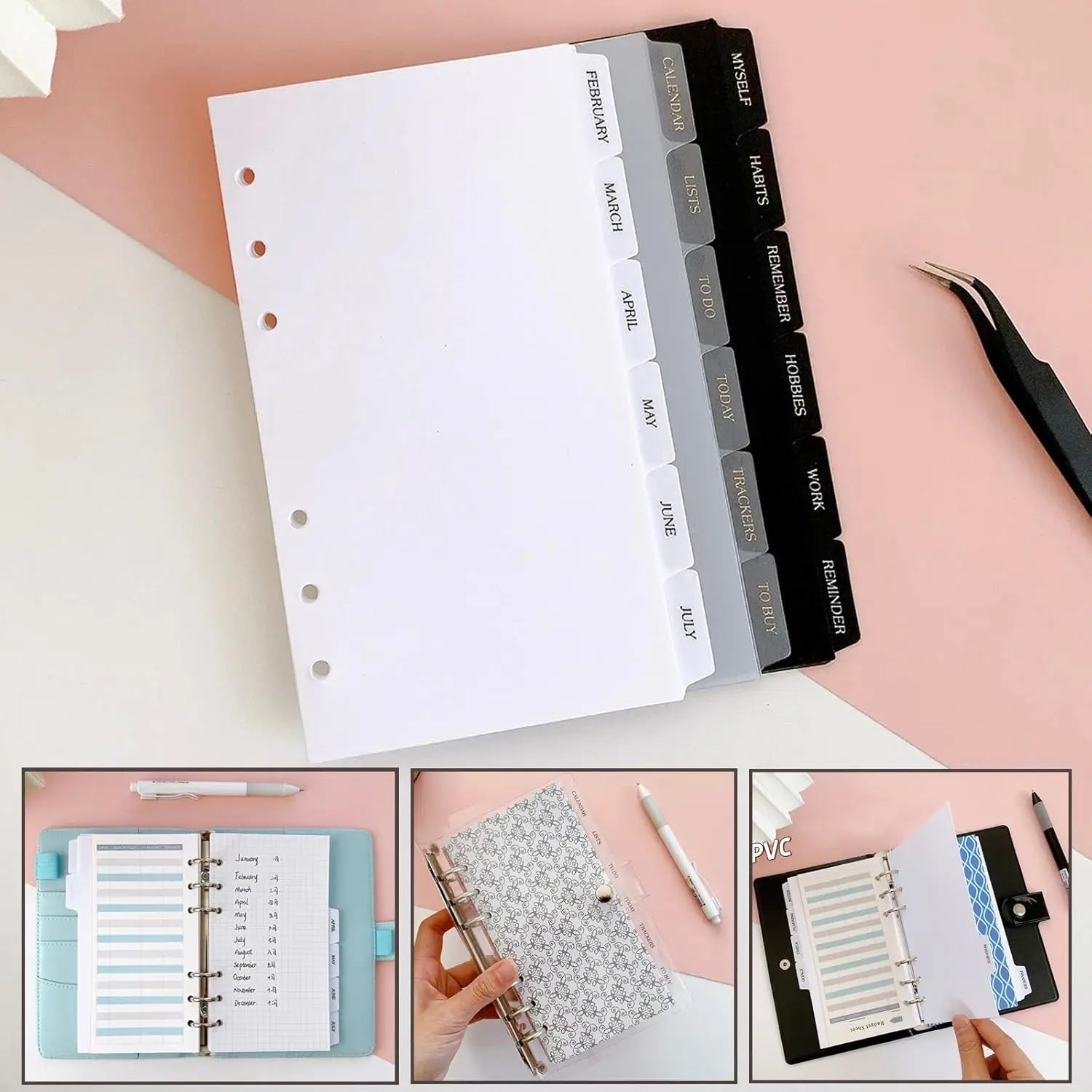 A5/A6 6 Sheets Binder Paper Dividers Page Dividers Notebook Dividers Binder Tabs Dividers Plastic Tabs Dividers Tabs for Binder