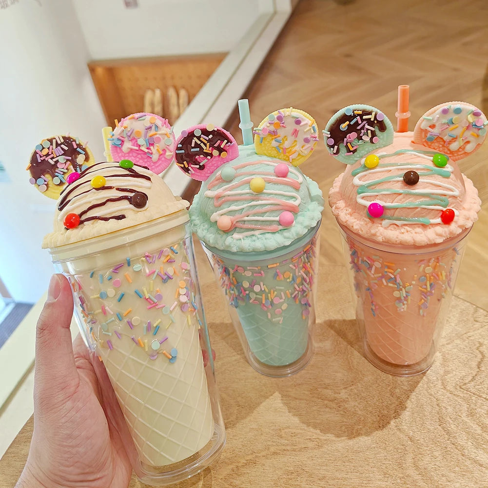 450ml Fashion Cartoon Ice Cream Straw Cup Adorable Plastic Bear Drinking Cup With Lid Milk Tea Cup For Women Girls Outdoor Home