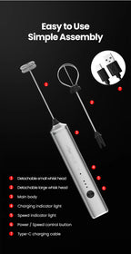 MHW-3BOMBER Electric Milk Frother Dual Whisk Heads Handheld Foam Maker Type-c Rechargeable Coffee Latte Cappuccino Mixer
