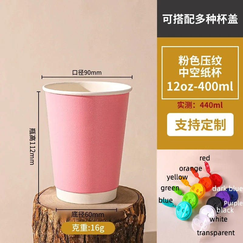 Disposable Milk Tea Coffee Hot Drink Paper Cup Pink Thickened Hollow Beverage Shop Takeaway Packaging Disposable Cups 100pcs