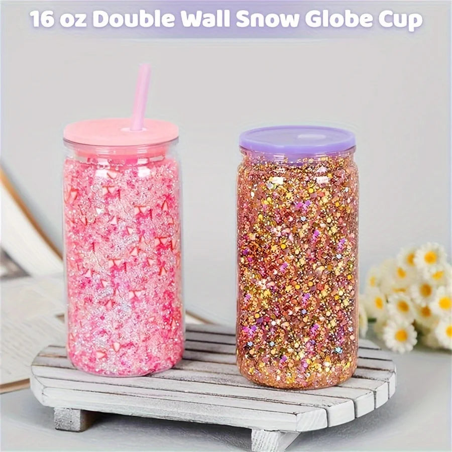 16OZ DIY Snowglobe Tumbler with Pre Drilled Hole Reusable Plastic Water Bottles Break-Resistant Mason Jar Cups for Holiday Gifts