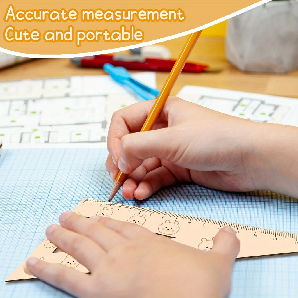 Elegant 4pcs 3mm Thick 2D Wooden Ruler Set Cute Students Math Classes Teacher Gifts Or Office Supplies Triangle Straight Ruler