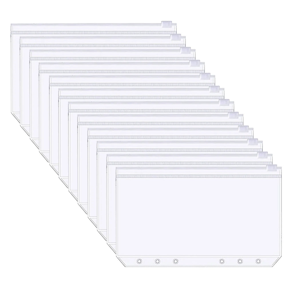 12Pcs A6 Binder Pockets Transparent PVC 6-Hole Binder Pockets Zip Folder Plastic Money Budget Envelopes