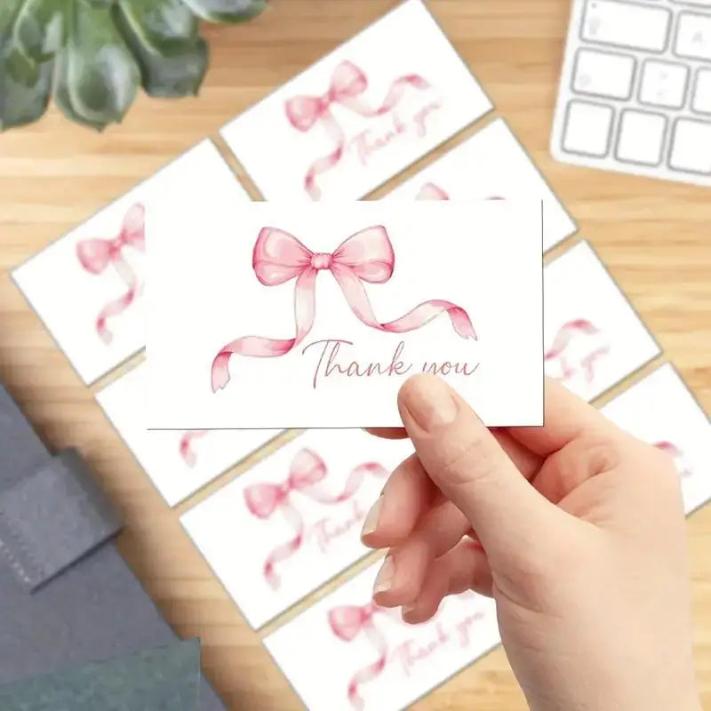 50pcs Business Thank You Cards Cherry & Pink Bow Design Celebration Invitations Gift Wrapping Cards For Party
