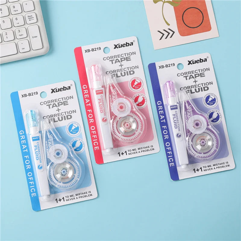 1 Correction Tape + 1 Correction Liquid Kawaii White Out Combo Quick Dry & Clean Finish Student Mistake Cover Tools Stationery