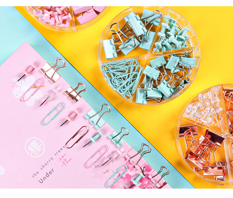72Pcs Color Binder Clips Paper Clips Push Pin Set Rose Gold Push Pins Cute Stationery for Office Accessories School Supplies