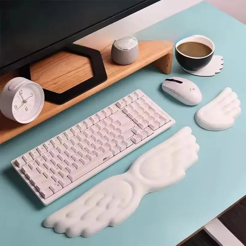 Keyboard Mouse Wrist Rest Angel Wing Memory Foam Mouse Pad Set Wrist Support Ergonomic Non-Slip for Computer Laptop Easy Typing