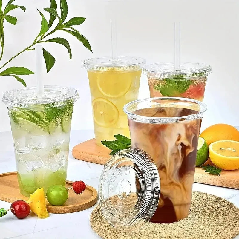 Clear Plastic Beverage Cups with Lids Disposable Cold Drink Containers for Milk Tea Juice Iced Coffee Ice Cream Dessert Party