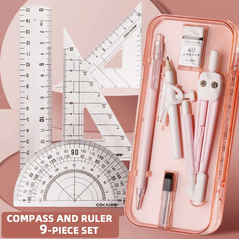Compasses and Rulers 9-piece Set Kawaii Triangle Ruler Ruler Student Set Ruler Multi-functional Mathematical Drawing Compass Set