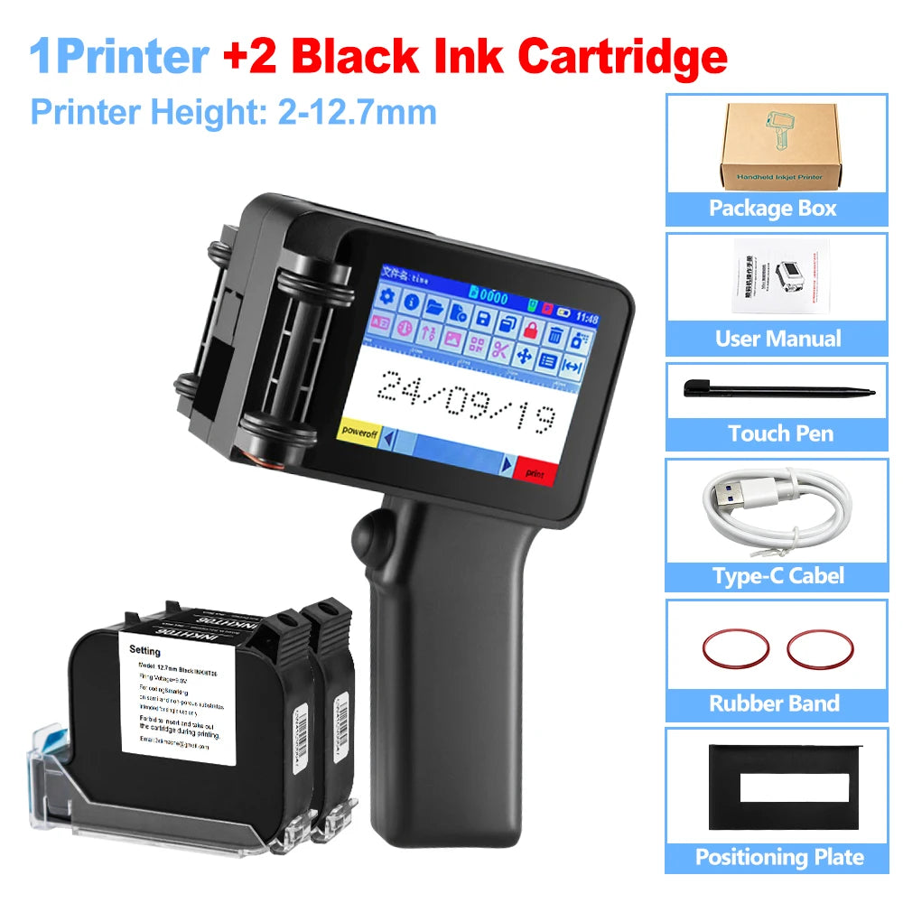 Mini Handheld Inkjet Printer 2-12.7mm for Text QR Barcode Batch Number Logo Date Label Printer with 0/1/2 Ink Cartridges