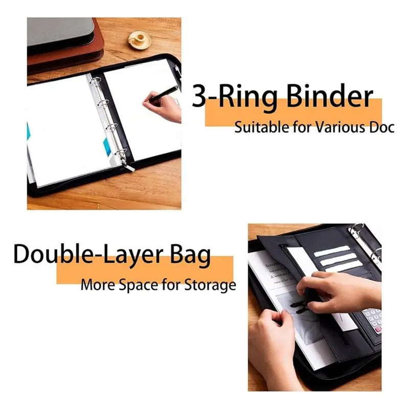 3-Ring Portfolio Binder, Leather With Pockets, Professional Organizer With Laptop Sleeve And Folder (Black)