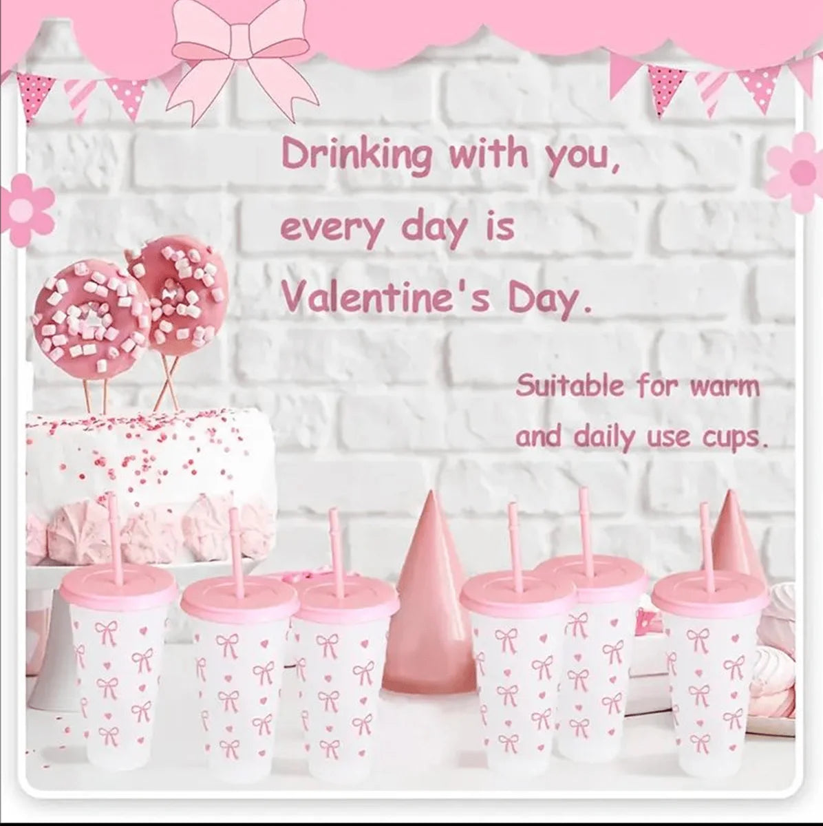 Reusable Plastic Cups With Pink Ribbons, 24 Ounces With Straws And Lids. For Parties, Drinking, Coffee, Weddings, Birthdays