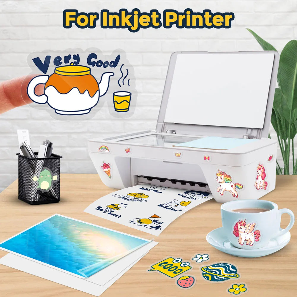 10 Sheets Transparent Printable Vinyl Sticker Paper A4 Glossy White Waterproof Self-Adhesive Copy Paper for All Inkjet Printer