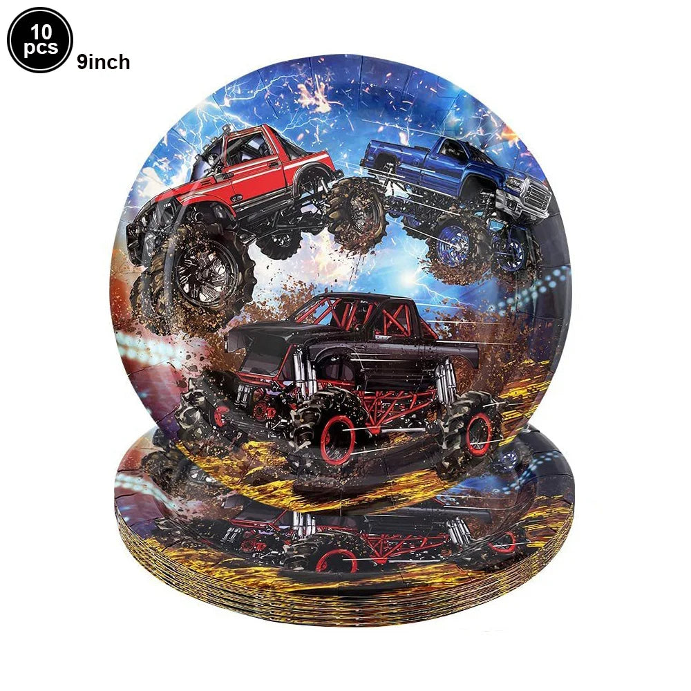 Monster Truck Party Supplies Disposable Tableware Plates Napkin Banner Tablecloth for Kids Boys 2nd Birthday Party Decorations